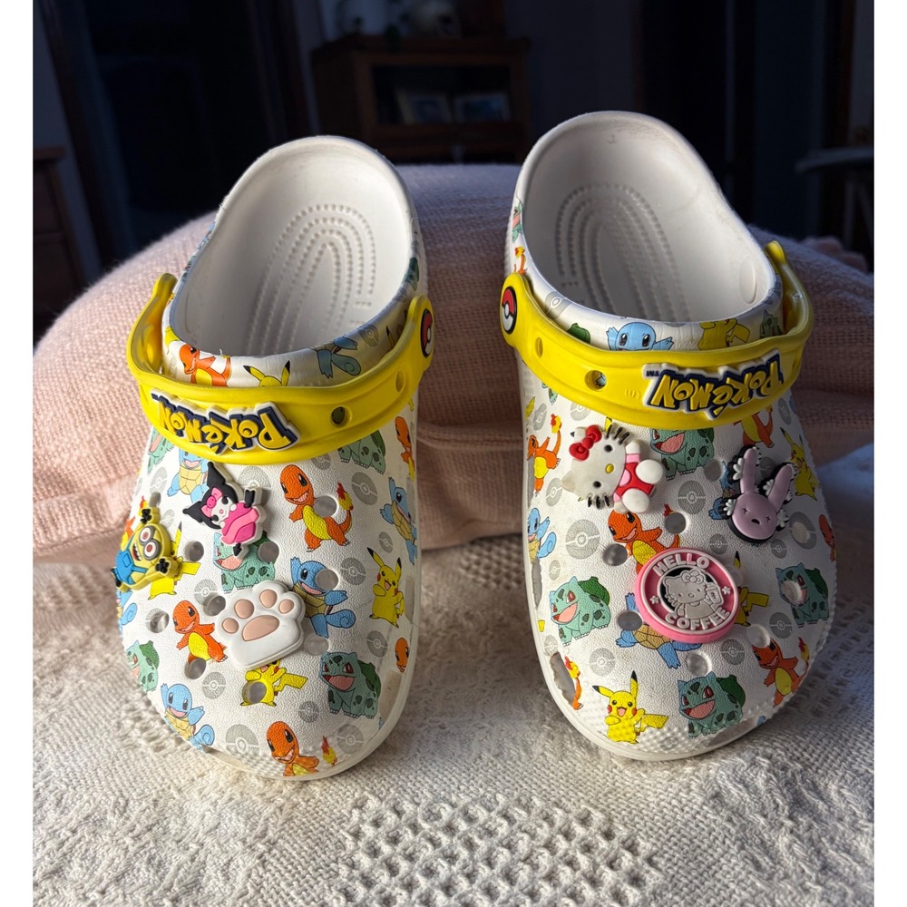 Pokemon Crocs Classic Clogs White Multi Mens 4 Womens 6 Big Kids J4 EUC Charms